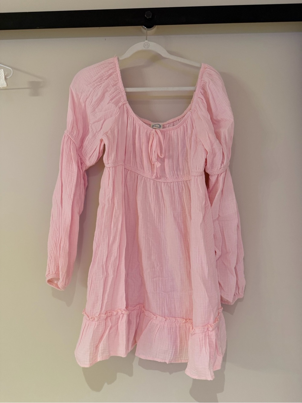 Blue Rain long-sleeve smocked gauze babydoll mini dress in soft pink